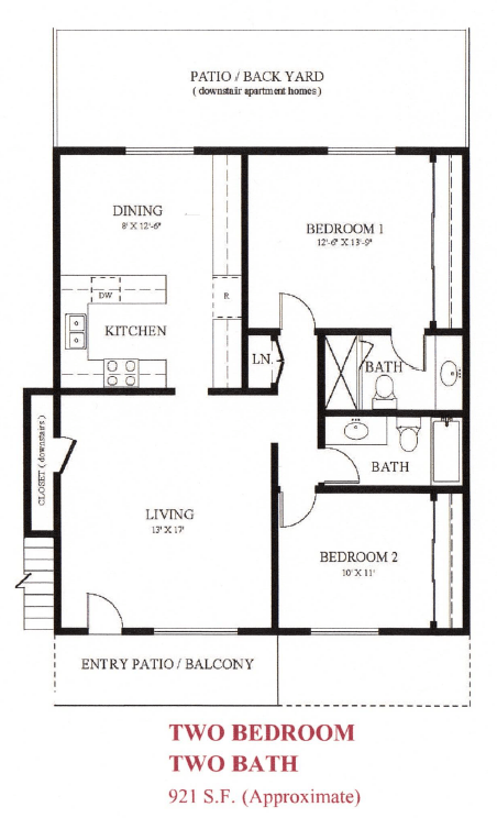 Floor plan for 2 beds, 2 baths, 921 sqft